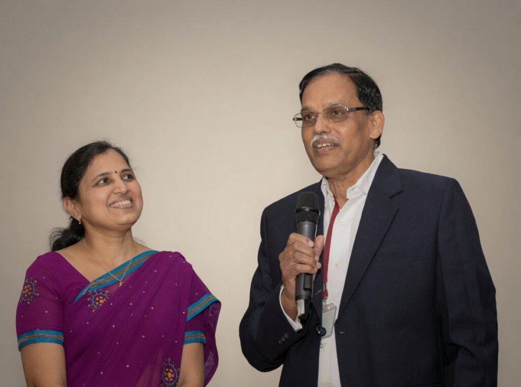 Dr. Nandkishore Chandak speaking at an event with his wife Dr. Chhaya Chandak, GMC Nagpur 1973 alumnus, Amravati