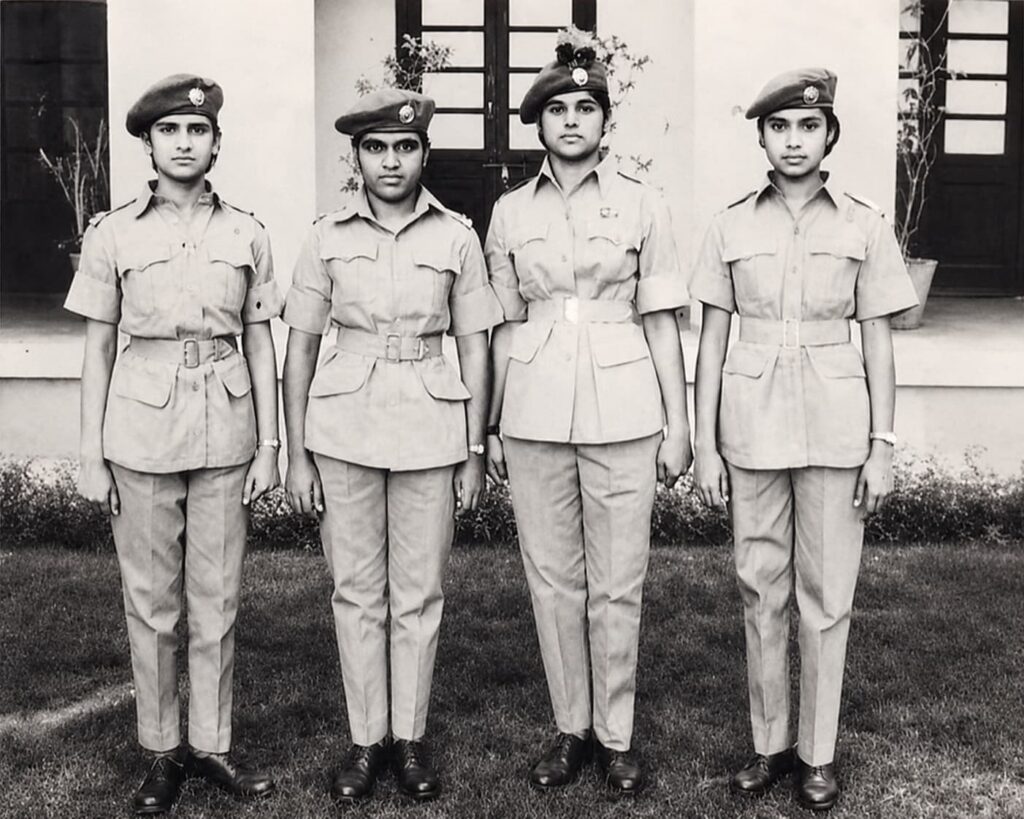 Four GMC Nagpur 1973 batch medical students in NCC uniform at the Government Medical College Nagpur NCC ground in 1973. Left to right: Vijaya Vithalkar, Shobha Dani, Sujata Savangikar and Archana Srivastava.